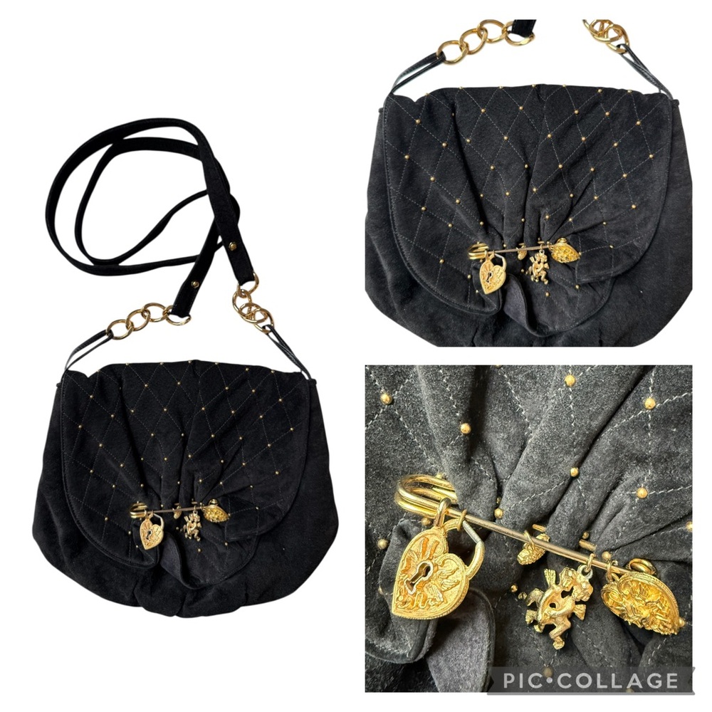 Sharif Gold Ornate Heart Brooch on Black Velvet Suede Sharif Vintage purse
